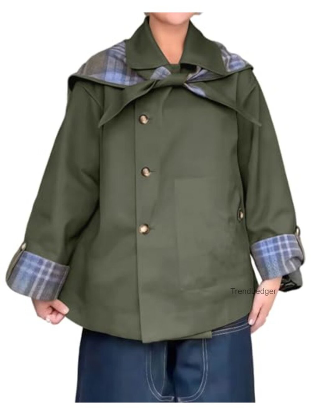 Women's Cropped Trench Coat Plaid Reversible Oversized Jacket Pockets